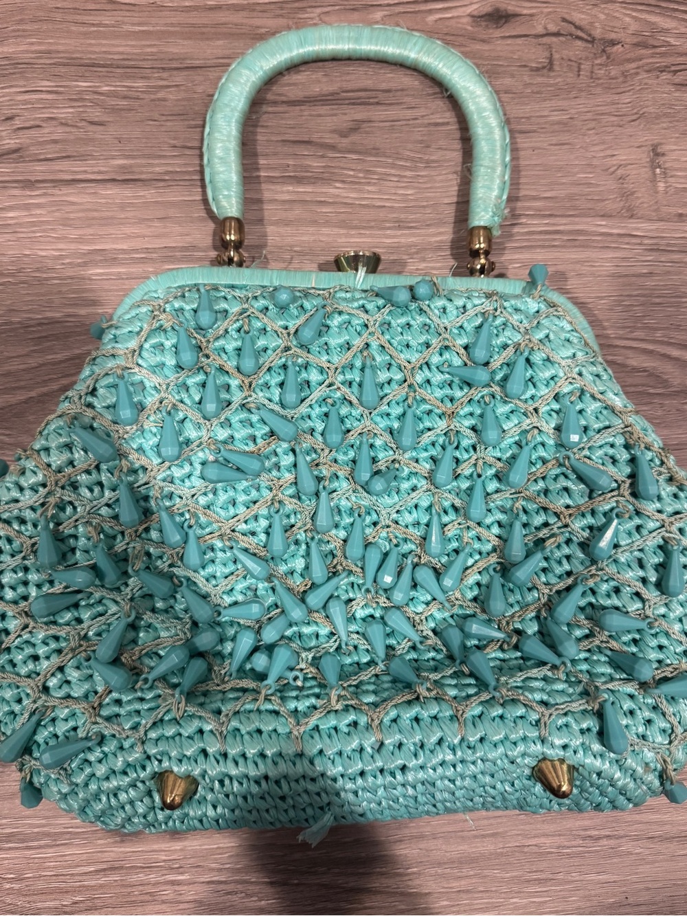 Aqua Beaded Crochet Top-Handle Clutch Bag